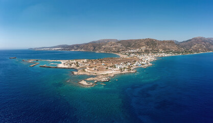 Greece, Crete island, Palaiochora town. Aerial drone panoramic view of sea water, seaside building.