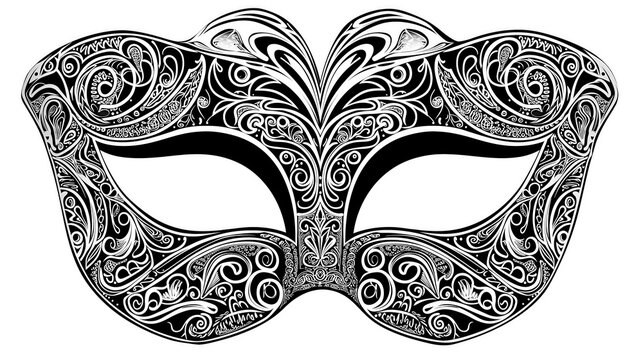 Black and White Carnival Mask for Masquerade Isolated on a White Background. Bohemian Festive Masks. Adult Coloring Pages. Doodle Illustration. Boho Chic Style.