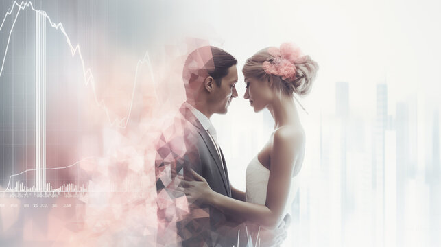 bride and groom , double exposure with data- cost of wedding concept