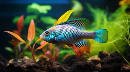 A striking Rainbowfish (Melanotaeniidae) against a backdrop of aquatic plants, displaying its radiant colors in high resolution