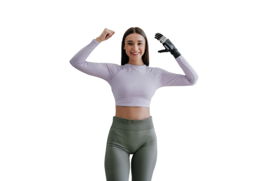 Handicapped young woman standing  at home, with  bionic hand prosthesis, smiling, bending hands showing muscles. Attractive disabled girl doing morning workout starting day, with plant at bedroom.