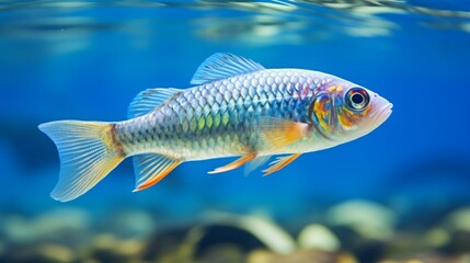 A stunning Blue-Eyed Rainbowfish swimming in crystal-clear water, showcasing its vibrant colors and patterns.