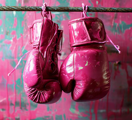 Breast cancer awareness concept with pink boxing gloves for girl and woman fight with illness on pink background with copy space.