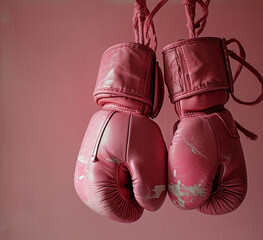 Breast cancer awareness concept with pink boxing gloves for girl and woman fight with illness on pink background with copy space.