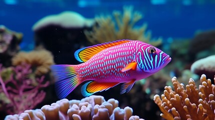 A stunning Cirrhilabrus Fairy Wrasse swimming in a vibrant coral reef.