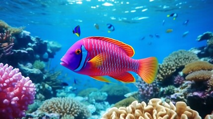 Naklejka na ściany i meble A stunning Cirrhilabrus Fairy Wrasse swimming in a vibrant coral reef.