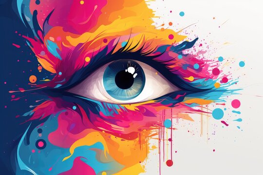 Beautiful female eye with colorful paint splashes. abstract background for National Save Your Vision Month
