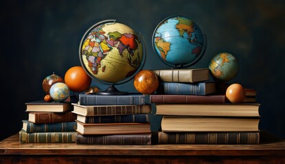 Old books and globe on a wooden table. Back to school