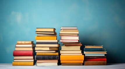 Pile of old books on wooden table with blue wall background