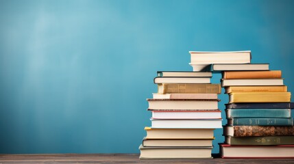 Fototapeta premium Pile of books on wooden table and blue background with copy space