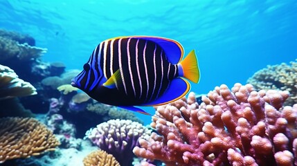 Obraz na płótnie Canvas A stunning Emperor Angelfish swimming among vibrant coral reefs in a