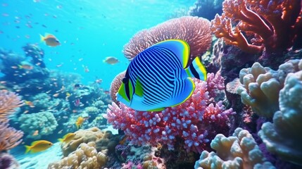 Naklejka na ściany i meble A stunning Emperor Angelfish swimming among vibrant coral reefs in a