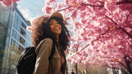 Modern happy young smiling black African woman girl against the background of pink cherry blossoms and metropolis city.