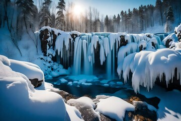 waterfall in winter, Frozen small mountain waterfall close up. Frozen Jagala Falls, Estonia stock photo