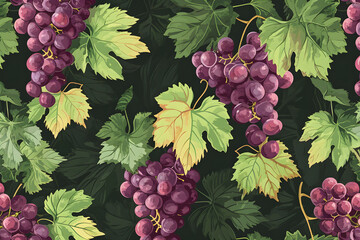 Summer pattern of grape and green leaves on background. - obrazy, fototapety, plakaty