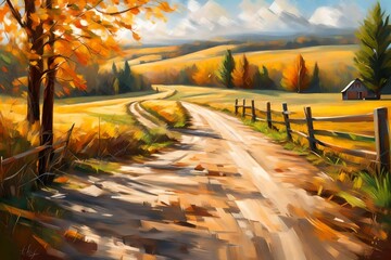 autumn in the forest, Country Road on a  afternoon, oil painting stock illustration