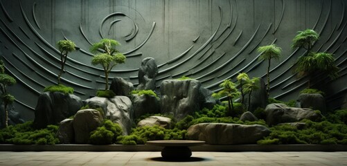 Calming Japanese Zen garden design on a 3D wall texture