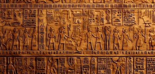 Detailed ancient Egyptian hieroglyphs design on a 3D wall texture
