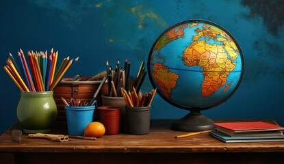 Globe and school supplies on wooden table. Back to school concept