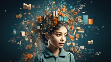 Conceptual image of young woman with books flying out of her head