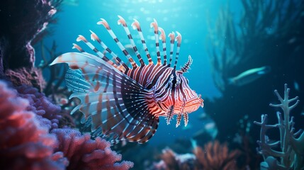 A vibrant Lionfish (Pterois) swimming gracefully in its natural habitat, captured in full ultra HD