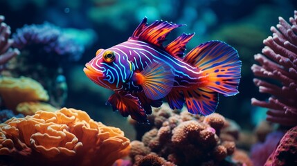 A vibrant Mandarin Fish swimming among coral reefs in the deep ocean, captured in