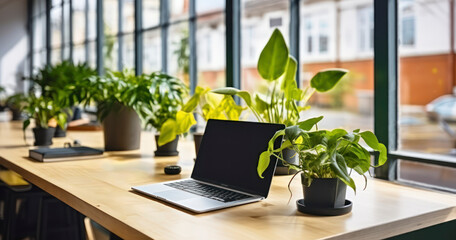 A Collaborative Office Table with a Laptop and Nature's Touch of Greenery. Generative AI