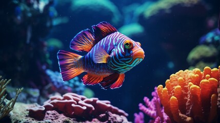 Naklejka na ściany i meble A vibrant Mandarin Fish swimming among coral reefs in the deep ocean, captured in