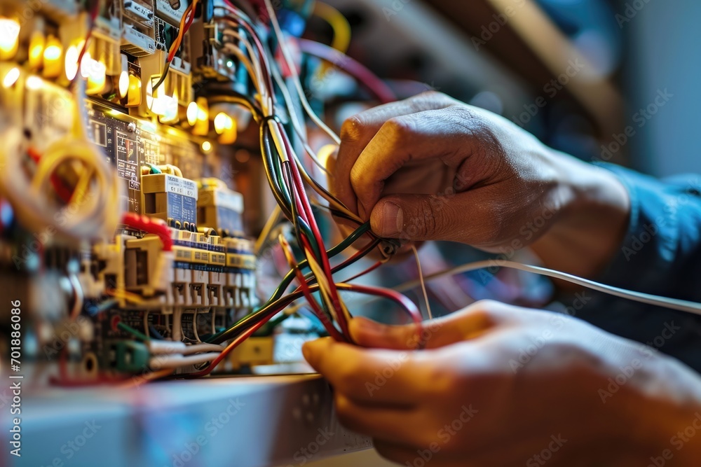 Poster Close up detail of an electrician hands working with wires and fuse switch box.