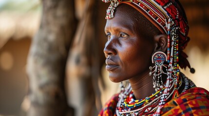 Maasai woman and traditional beaded adornments reflecting her identity.