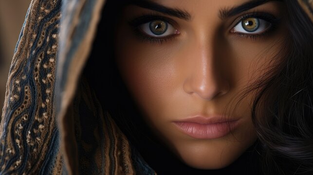 Piercing look into the eyes of an Arab woman with a headscarf