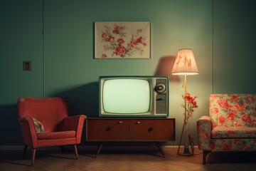 Vintage TV against the wall. Retro style.