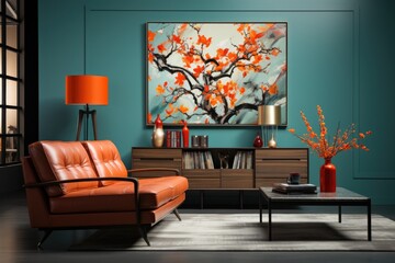 A living room with orange couches and a blue wall