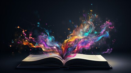 Open book with colorful paint splashes on dark background