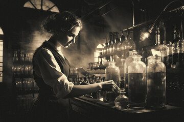 Female scientist in the 1900s working in a laboratory - obrazy, fototapety, plakaty