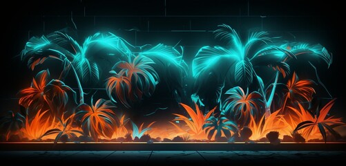 A dynamic neon light graffiti design with a tropical motif in orange and teal on a 3D wall texture