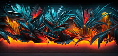 A dynamic neon light graffiti design with a tropical motif in orange and teal on a 3D wall texture - obrazy, fototapety, plakaty