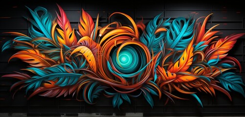 A dynamic neon light graffiti design with a tropical motif in orange and teal on a 3D wall texture