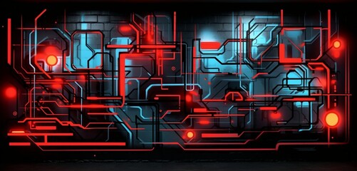 A radiant neon light graffiti design with urban street art style in red and black on a 3D wall texture