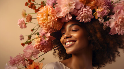 A dark-skinned African woman with her head covered with spring flowers on a light beige background.