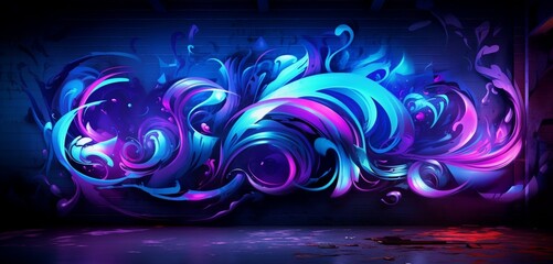 A vibrant neon light graffiti design with abstract swirls in shades of blue and purple on a 3D wall texture