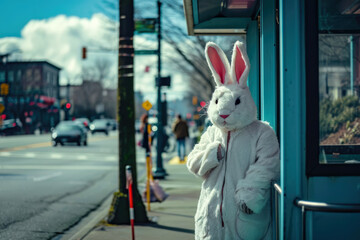 Person in a easter bunny costume standing on a street - obrazy, fototapety, plakaty