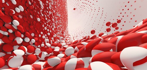 Abstract digital pixel design of a whimsical polka dot pattern in red and white on a 3D textured wall, portraying abstract digital pixel design