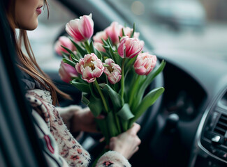 Happy woman in car with flowers bouquet. Love Concept.  