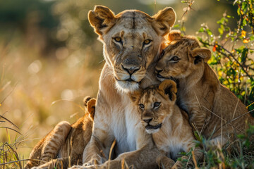 A lioness with her cubs in a tender moment
