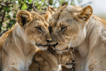 A lioness with her cubs in a tender moment
