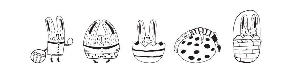 Cute rabbit with a basket with Easter eggs. Cute easter bunny isolated on white background. Traditional element. Happy easter. Vector.