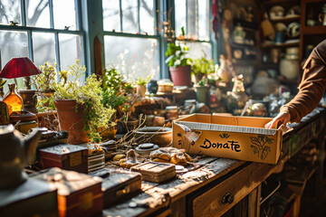 A cozy vintage workshop filled with antiques and a 'donate' box amidst plants, bathed in warm sunlight. - Powered by Adobe