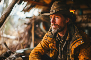 A rugged cowboy wearing a hat looks serious and contemplative in a rustic rural setting.