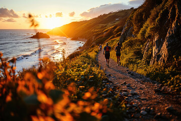 Group of friends running together on a scenic coastal trail at sunset, enjoying an active outdoor lifestyle. - obrazy, fototapety, plakaty